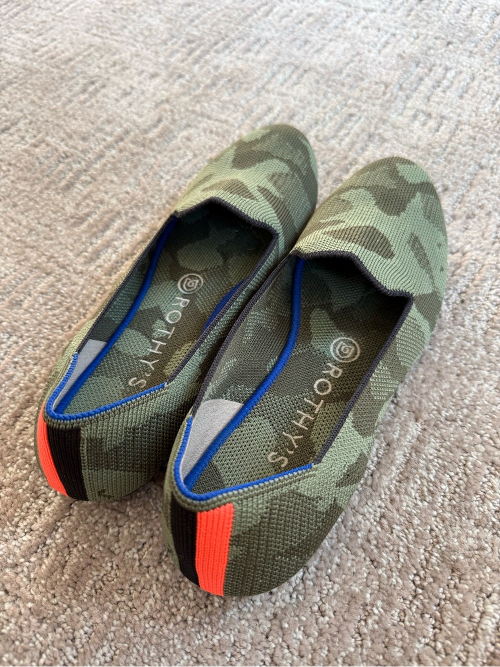 Rothy's Camo Green Knit Flats with Orange Accent